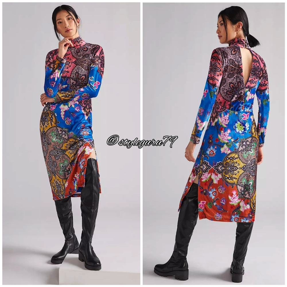 Anthropologie, High Neck Multi Print Open Back Midi Dress, NWT, Small